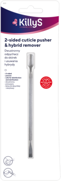 KillyS 2-sided cuticle pusher & hybrid remover, srebrne narzędzie do manicure w białym opakowaniu blister.