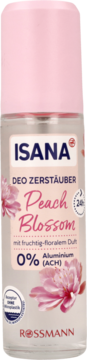 Isana Peach Blossom dezodorant w sprayu o owocowo-kwiatowym zapachu, 0% aluminium, butelka z różowymi kwiatami.
