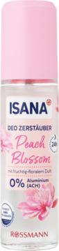 Isana Peach Blossom dezodorant w sprayu, butelka z różową nakrętką i grafiką kwiatów brzoskwini, 0% aluminium, widok z przodu.