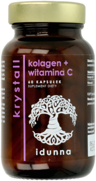 Brązowa butelka suplementu Idunna Kolagen + Witamina C, 60 kapsułek, front, fioletowa etykieta z białym drzewem.
