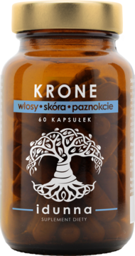 Bursztynowa butelka suplementu Krone Idunna na włosy, skórę, paznokcie, widok z przodu, złota nakrętka, drzewo.