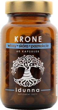 Bursztynowa butelka suplementu Krone Idunna na włosy, skórę, paznokcie, widok z przodu, złota nakrętka, drzewo.