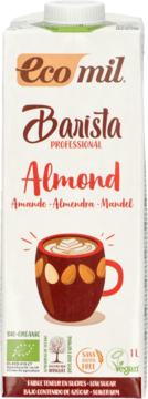 Biały karton EcoMil Barista Almond BIO, przód, z rysunkiem kubka kawy z migdałami, napis Low Sugar, 1L.