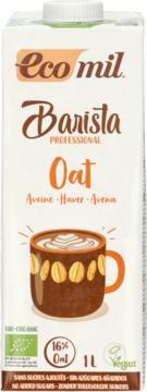 Karton EcoMil Barista Professional Oat milk BIO 1L, biały, z brązowym logo i rysunkiem kawy, bez cukru.