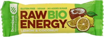 Zielony baton Bombus RAW BIO ENERGY Lemon & Coconut 50g, z rysunkiem cytryn i kokosa, widok z przodu.