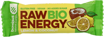 Zielony baton Bombus RAW BIO ENERGY Lemon & Coconut 50g, z rysunkiem cytryn i kokosa, widok z przodu.