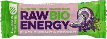 Baton Raw Bio Energy Black Currant & Coconut 50g, zielono-różowe opakowanie z grafiką owoców, widok z przodu.