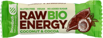 Zielony baton owocowy Bombus RAW BIO ENERGY Coconut&Cocoa, z grafiką kokosa i kakao, widok z przodu na całe opakowanie.