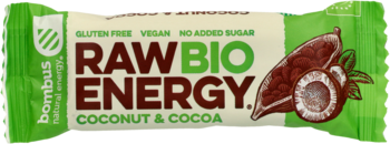 Zielony baton owocowy Bombus RAW BIO ENERGY Coconut&Cocoa, z grafiką kokosa i kakao, widok z przodu na całe opakowanie.