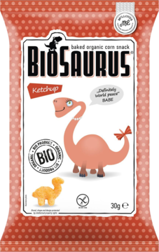 BIOSAURUS BIO chrupki kukurydziane Ketchup 30g, czerwone opakowanie z różowym dinozaurem, ujęcie z przodu.