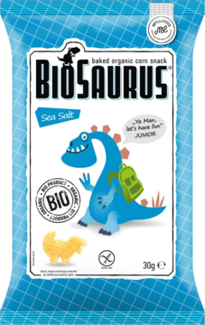 Chrupki BIOsaurus Sea Salt 30g, opakowanie z niebieskim dinozaurem Juniorem w plecaku, widok z przodu.