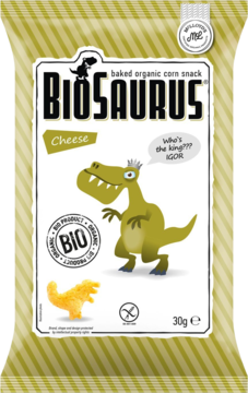 Zielona paczka organicznych chrupek kukurydzianych BIOSAURUS Cheese 30g z rysunkiem dinozaura. Z przodu.