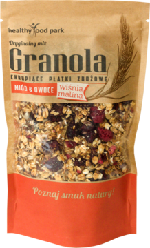 Granola Healthy Food Park, chrupiące płatki zbożowe miód, wiśnia i malina, brązowa torebka z okienkiem, przód.