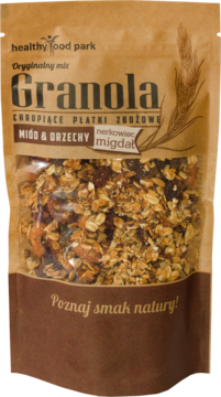 Brązowa paczka granoli Healthy Food Park Miód & Orzechy (nerkowiec, migdał) z okienkiem na chrupiące płatki zbożowe.