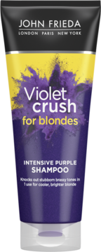 Fioletowy szampon John Frieda Violet Crush do blond włosów, w tubce, eliminuje miedziane tony, widok z przodu.