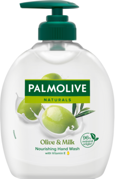 Palmolive Naturals Olive & Milk mydło nawilżające w płynie, zielona pompka, butelka z oliwkami, widok z przodu.