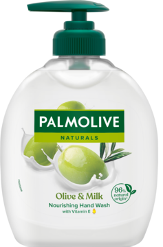 Palmolive Naturals Olive & Milk mydło nawilżające w płynie, zielona pompka, butelka z oliwkami, widok z przodu.