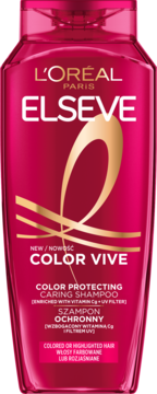 Różowy szampon L'Oréal Elseve Color Vive do włosów farbowanych, z witaminą Cg i filtrem UV, widok z przodu.