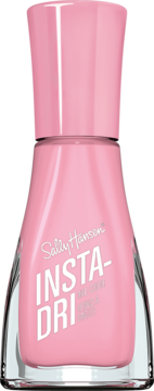 Sally Hansen Insta-Dri Pink Blink szybkoschnący lakier do paznokci, widok z przodu, różowa butelka i nakrętka.