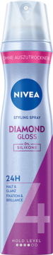 NIVEA Diamond Gloss lakier do włosów w jasnoszarej butelce z różowymi akcentami, widok z przodu, "0% SILIKONE".