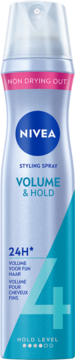 NIVEA Volume & Hold Styling Spray w jasnoniebiesko-srebrnej butelce z różową górą, widok z przodu.
