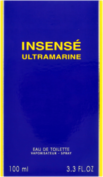 Ciemnoniebieskie pudełko Givenchy Insense Ultramarine EDT, żółte litery i ramka, 100 ml, widok z przodu.