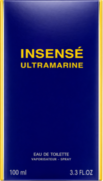 Granatowe pudełko Givenchy Insense Ultramarine 100ml z żółtymi napisami i krawędziami, widok z przodu.