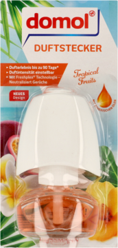 domol DUFTSTECKER Tropical Fruits air freshener plug-in with orange liquid refill in clear plastic pack, front view.