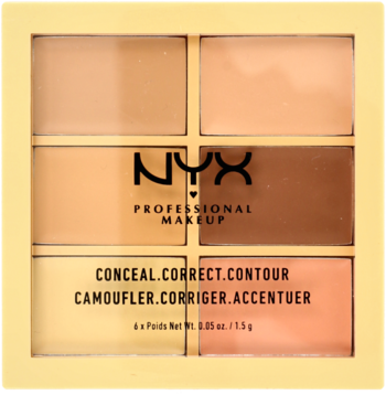 Paleta NYX Conceal. Correct. Contour: sześć kremowych odcieni do korygowania i konturowania cery, widok z przodu.
