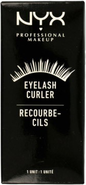 Czarne opakowanie NYX Professional Makeup Eyelash Curler z białą grafiką rzęs i napisami, widok z przodu.