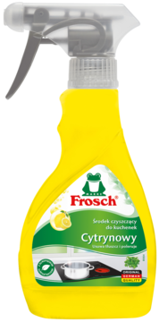 Żółty spray Frosch Cytrynowy do czyszczenia kuchenek ceramicznych i indukcyjnych, widok z przodu.