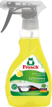 Żółta butelka Frosch Cytrynowy środek czyszczący do kuchenek w sprayu, zielona etykieta z żabą, widok z przodu.