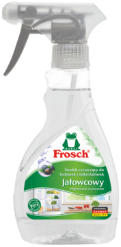 Frosch Jałowcowy higieniczny środek do lodówek i mikrofalówek, przezroczysta butelka ze spryskiwaczem, zielona etykieta.