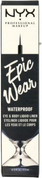 Opakowanie NYX Epic Wear Waterproof Eye & Body Liquid Liner, czarne z białym tekstem i grafiką, widok z przodu.