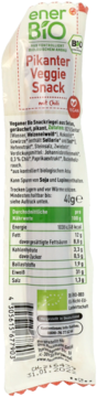 Tył opakowania pikantnego wegańskiego batona enerBIO Veggie Snack z chili, z pełnymi danymi odżywczymi i składem.