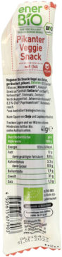 Tył opakowania pikantnego wegańskiego batona enerBIO Veggie Snack z chili, z pełnymi danymi odżywczymi i składem.