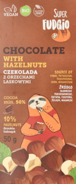 Brown Super FUDGIO BIO vegan chocolate bar with hazelnuts, front view. Sloth graphic, min. 50% cocoa, 50g.