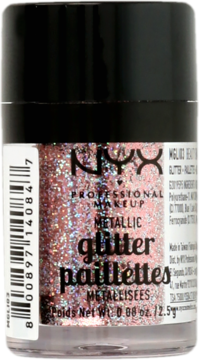 NYX Metallic Glitter Paillettes w różowo-złotym odcieniu, w przezroczystym słoiczku z czarną nakrętką, widok z przodu.