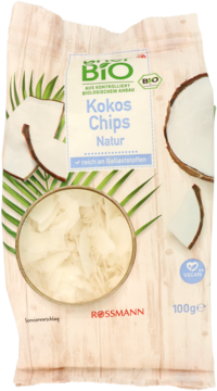 Jasna torba enerBiO Rossmann Kokos Chips Natur 100g. Niesłodzone chipsy kokosowe, z kokosami i palmą, widok z przodu.