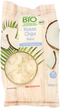 Jasna torba enerBiO Rossmann Kokos Chips Natur 100g. Niesłodzone chipsy kokosowe, z kokosami i palmą, widok z przodu.