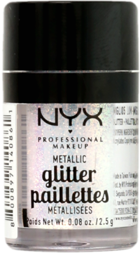 NYX Metallic Glitter, irydowy biały brokat do twarzy i ciała w przeźroczystym słoiczku, widok z przodu.