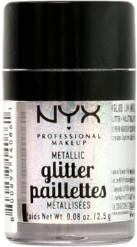 NYX Metallic Glitter, irydowy biały brokat do twarzy i ciała w przeźroczystym słoiczku, widok z przodu.