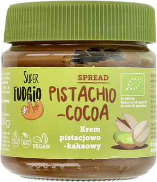 Wegański krem pistacjowo-kakaowy Super Fudgio w szklanym słoiku, zielona etykieta z leniwcem i nakrętką.