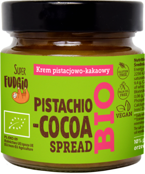 Super Fudgio ekologiczny krem pistacjowo-kakaowy w szklanym słoiku, zielona etykieta, przód, BIO, wegański.