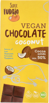 Wegańska czekolada Super FUDGIO Coconut BIO 50% kakao w żółtym opakowaniu z leniwcem, widok z przodu.
