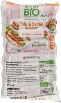 Front: enerBiO Tofu & Seitan Wiener, wegańskie kiełbaski bio, w przezroczystym opakowaniu, wysoka zawartość białka.