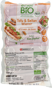 Front: enerBiO Tofu & Seitan Wiener, wegańskie kiełbaski bio, w przezroczystym opakowaniu, wysoka zawartość białka.