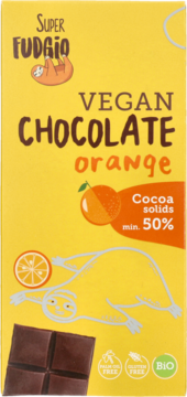 Żółta czekolada Super Fudgio Vegan Chocolate Orange, 50% kakao, z logo leniwca i widoczną kostką czekolady.
