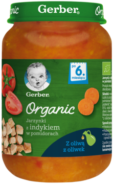 Gerber Organic Jarzynki z indykiem w pomidorach w słoiczku, zielona etykieta, widok z przodu, dla 6m+.