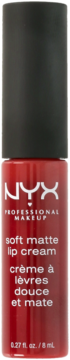 NYX Soft Matte Lip Cream, czerwona tuba z czarną nakrętką, matowa pomadka w płynie, widok z przodu.